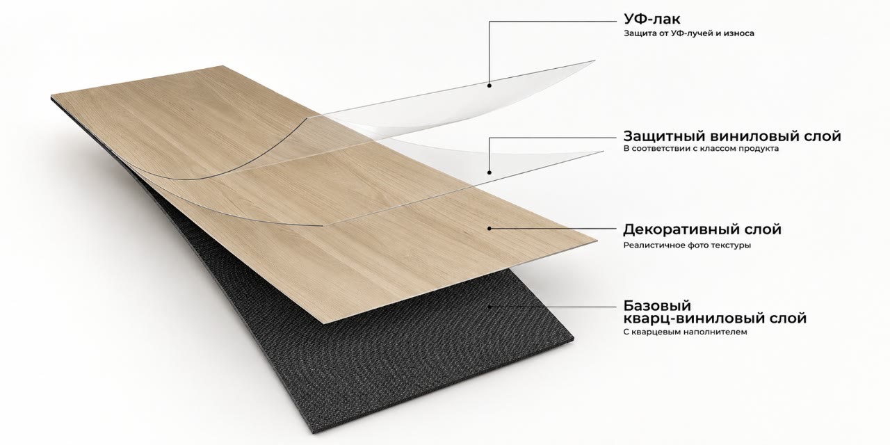 Конструкция кварц-виниловой ПВХ-плитки Fargo по слоям